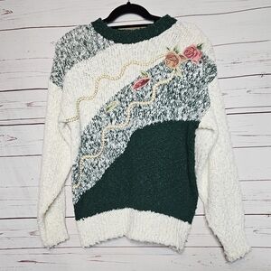 Vintage Needles and Yarn Colorblock Floral Sweater
